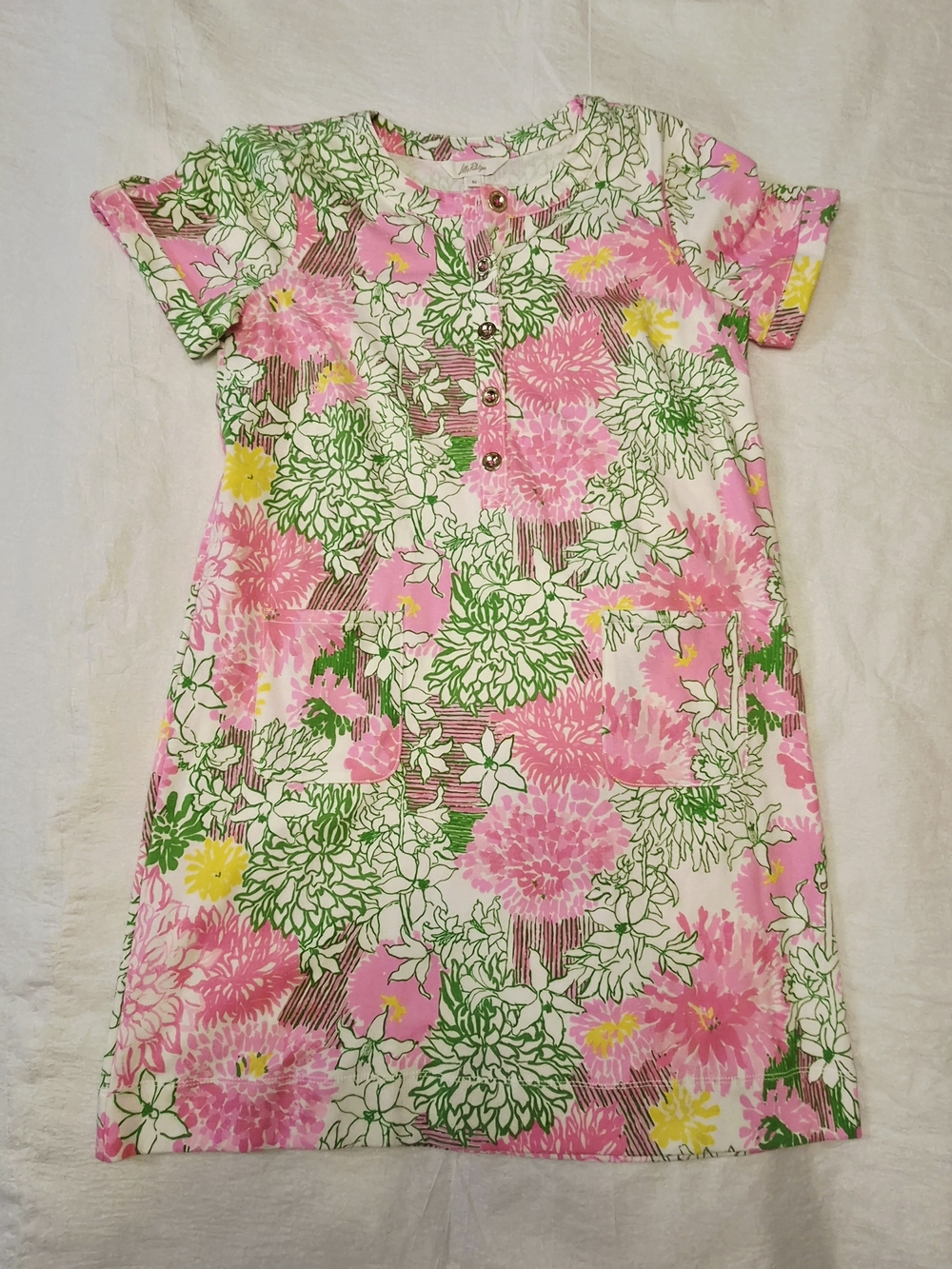 Lilly Pulitzer Cameron Popover Dress Resort White Mum Patch Pink Green M